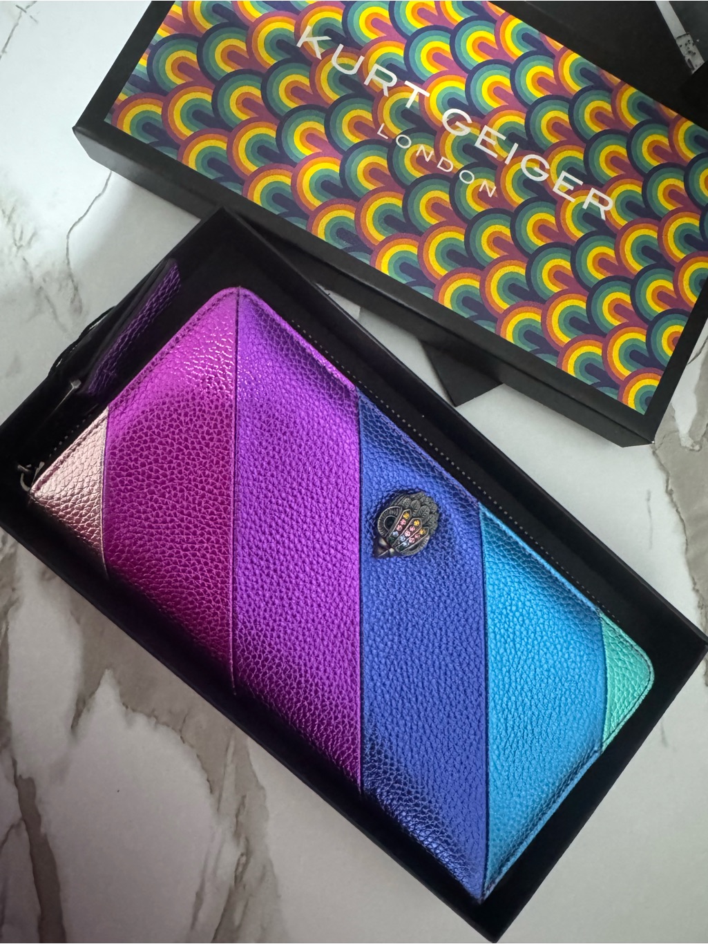 Kurt Geiger Metallic Rainbow Zip Wallet In Purple, Blue & Teal